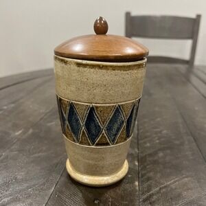 Bruce Stebner Art‎ Pottery Stoneware Vase Container With Wooden Lid Geo Print
